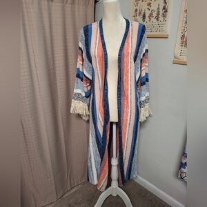 Boston Proper Long Knit Open Cardigan Sweater Duster Fringe Size Medium